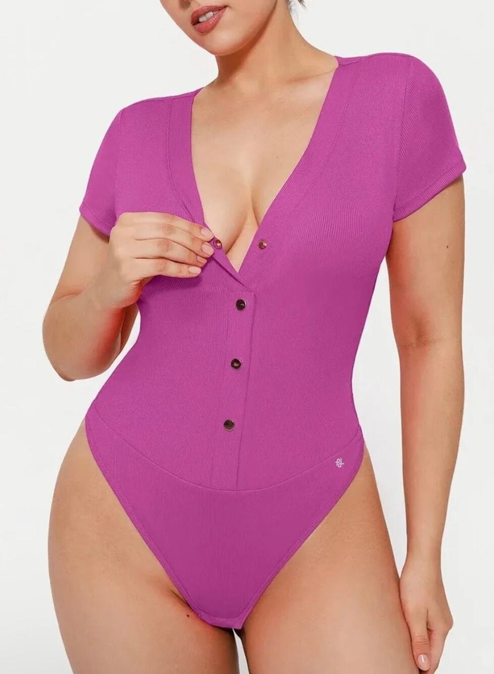 Popilush Deep V-Neck Button Front Sculpting Bodysuit Large Purple NWOT